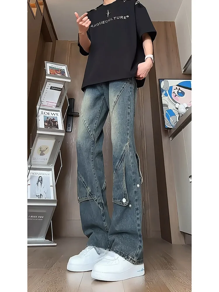 American Decomposed Flared Jeans Men's High Street Vibe Knife Slim Straight Leg High Street Slimming Rise Straight Leg Jeans