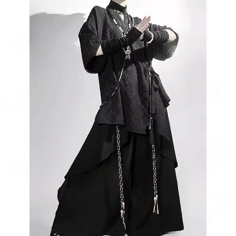 

Niche Black Bisex Costume Men Women New Chinese Style Irregular Tops Shirt Vintage Street Trendy Y2K Fashion Clothing Jacquard