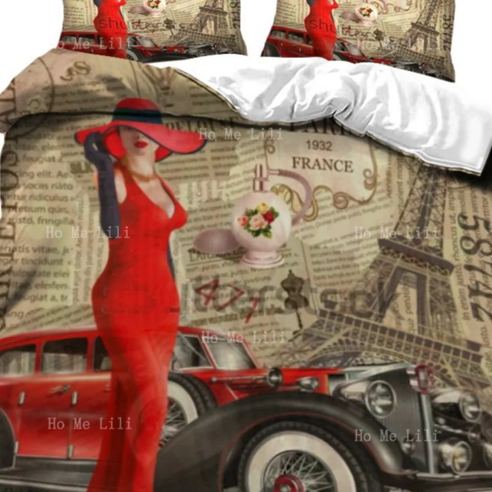 Paris French Girl Retro On A Red Car Trip In The Eiffel Tower Duvet By Ho Me Lili Bedding Set