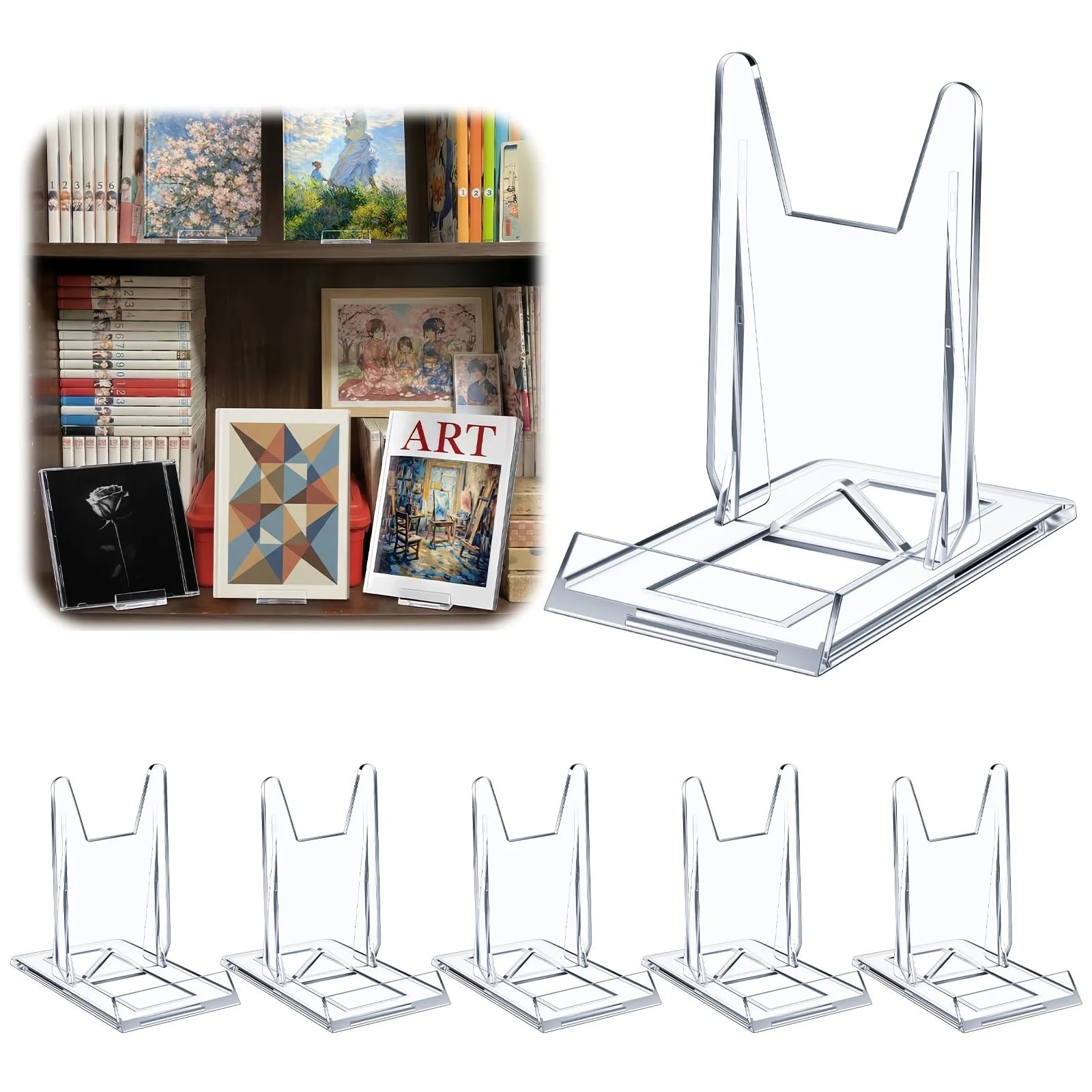 5 Pack Adjustable Clear Acrylic Book Display Stands for Home Office Library Books Comics CDs Magazines Postcards Artwork