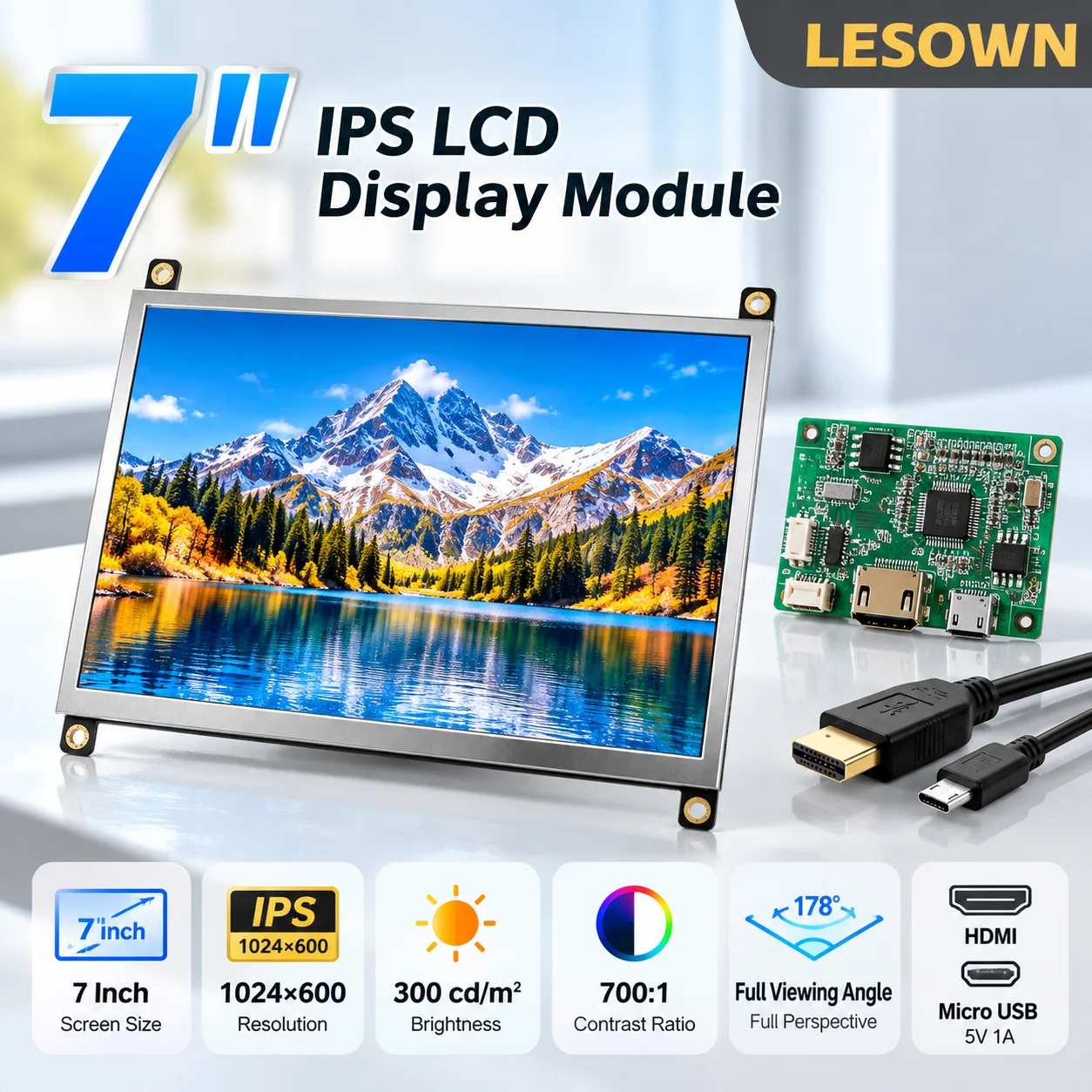 LESOWN 7/10.1 Inch LCD Touchscreen Module 1024x600 300 Nits 5-Point Capacitive HDTV USB for DIY Embedded System Development