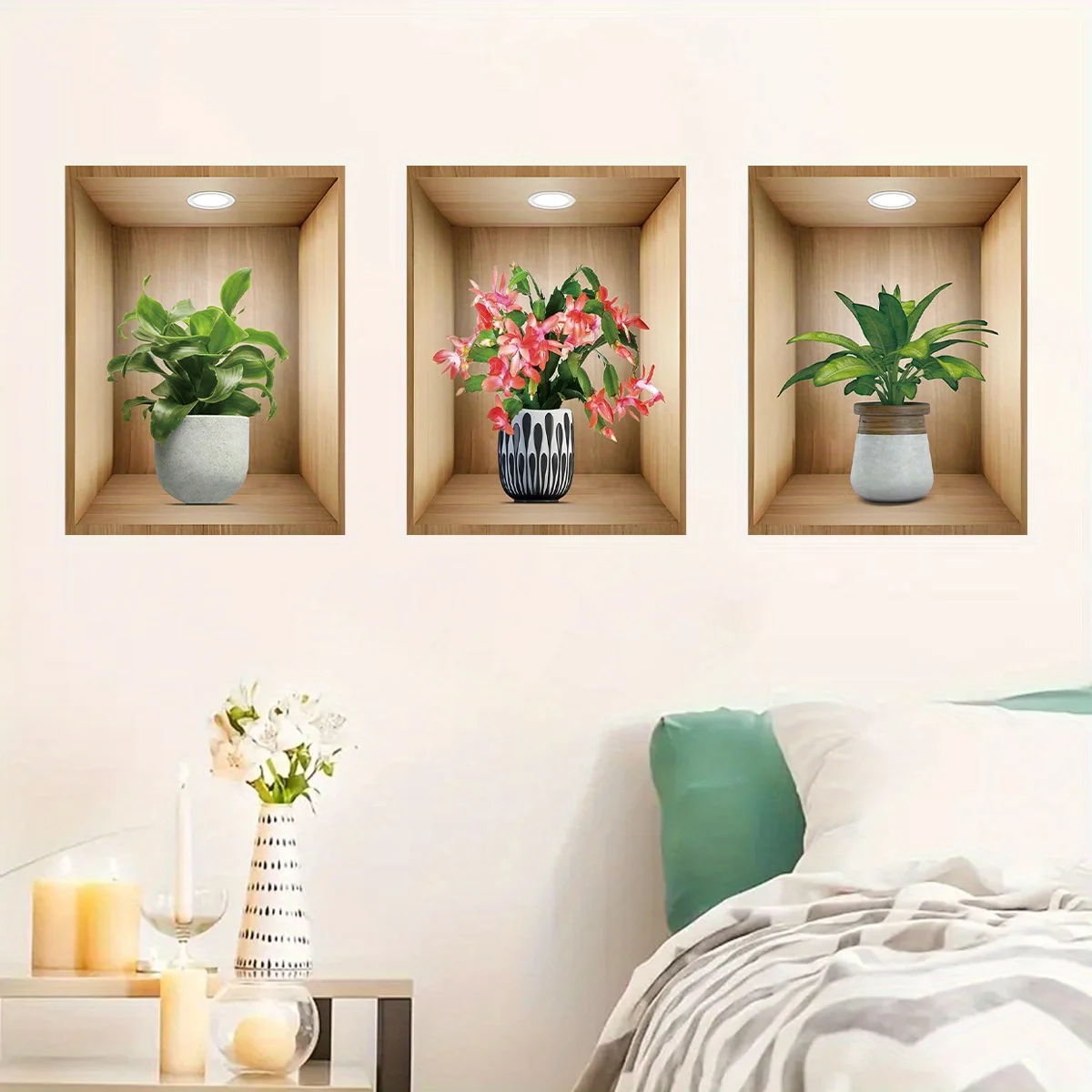 3pcs Watercolor Realistic Potted Flower Plant Wall Stickers Removable for Bedroom Living Room Nursery Decoration Wall Decals