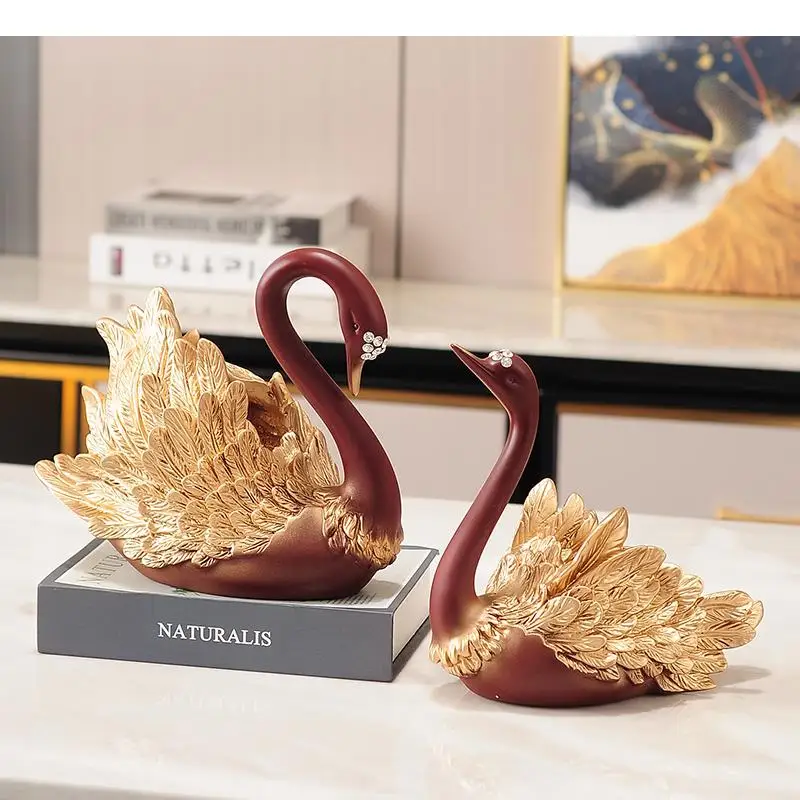 Gilded Swan Couples Statue 2 Pcs Resin Figurine Crafts Sculpture Lovers Cute Animal Ornaments Modern Decor Desk Decoration