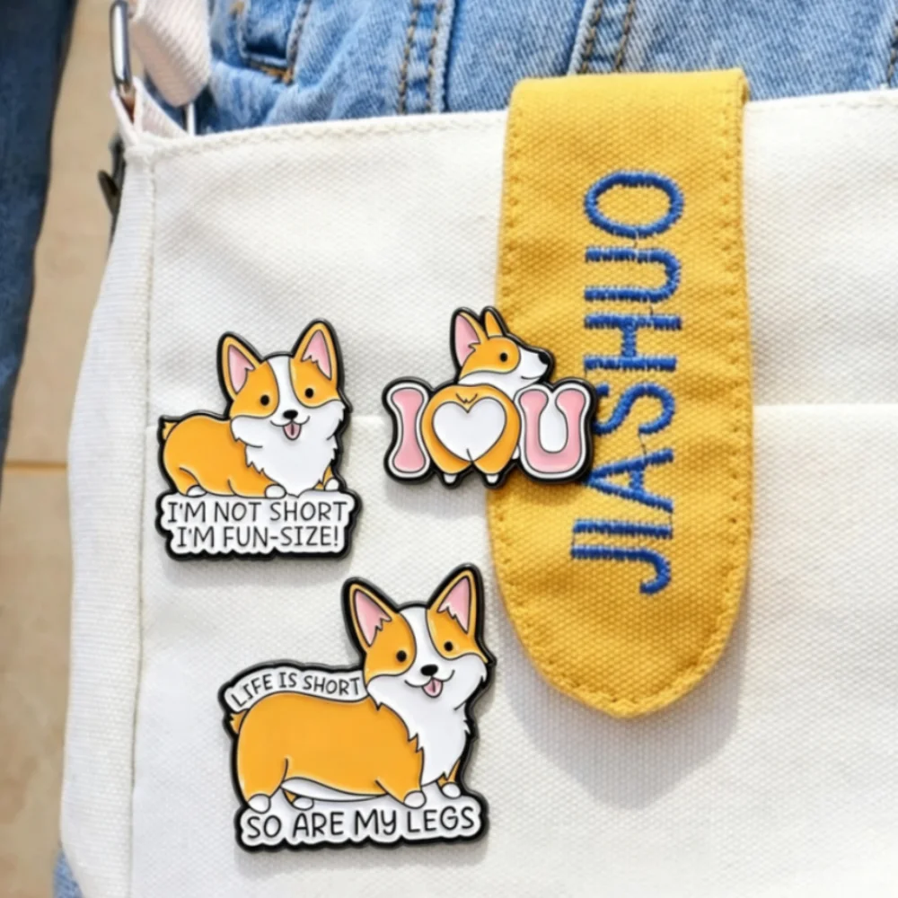 Cartoon Welsh Corgi Hard Enamel Badge Set Playful Funny Quote Design Lovely Pet Lapel Pin Denim Bag Ornament ForAnimalCollectors