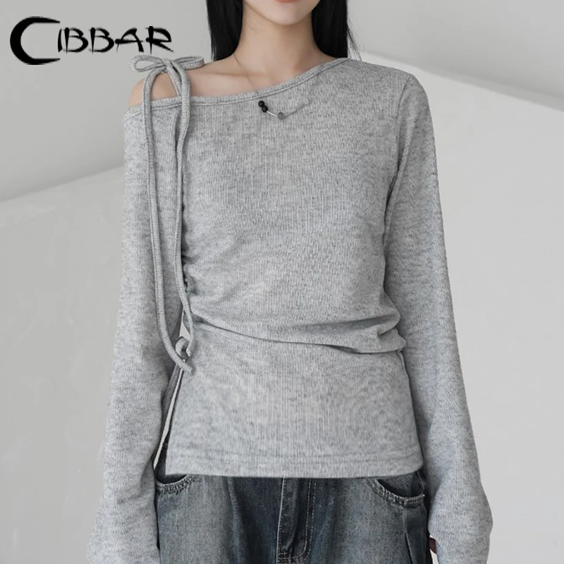 CIBBAR Asymmetrical Off-shoulder Crop Top Grey Bandage Drawstring Long Sleeve Knitted T Shirts Korean Fashion Casual Tees Women