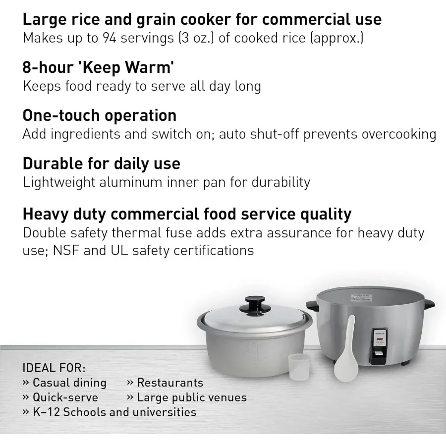 46カップの炊飯容量と23カップの生米容量を備えた業務用炊飯器。ワンタッチ操作と8時間保温機能付き。