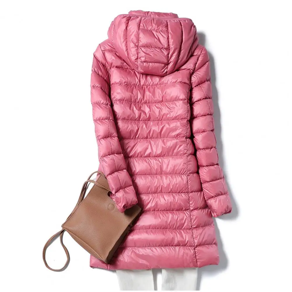 Manteau en duvet blanc rembourré épais avec capuche en peluche, sac de rangement, coupe-vent, mi-long, vêtements d'extérieur pour la météo, hiver