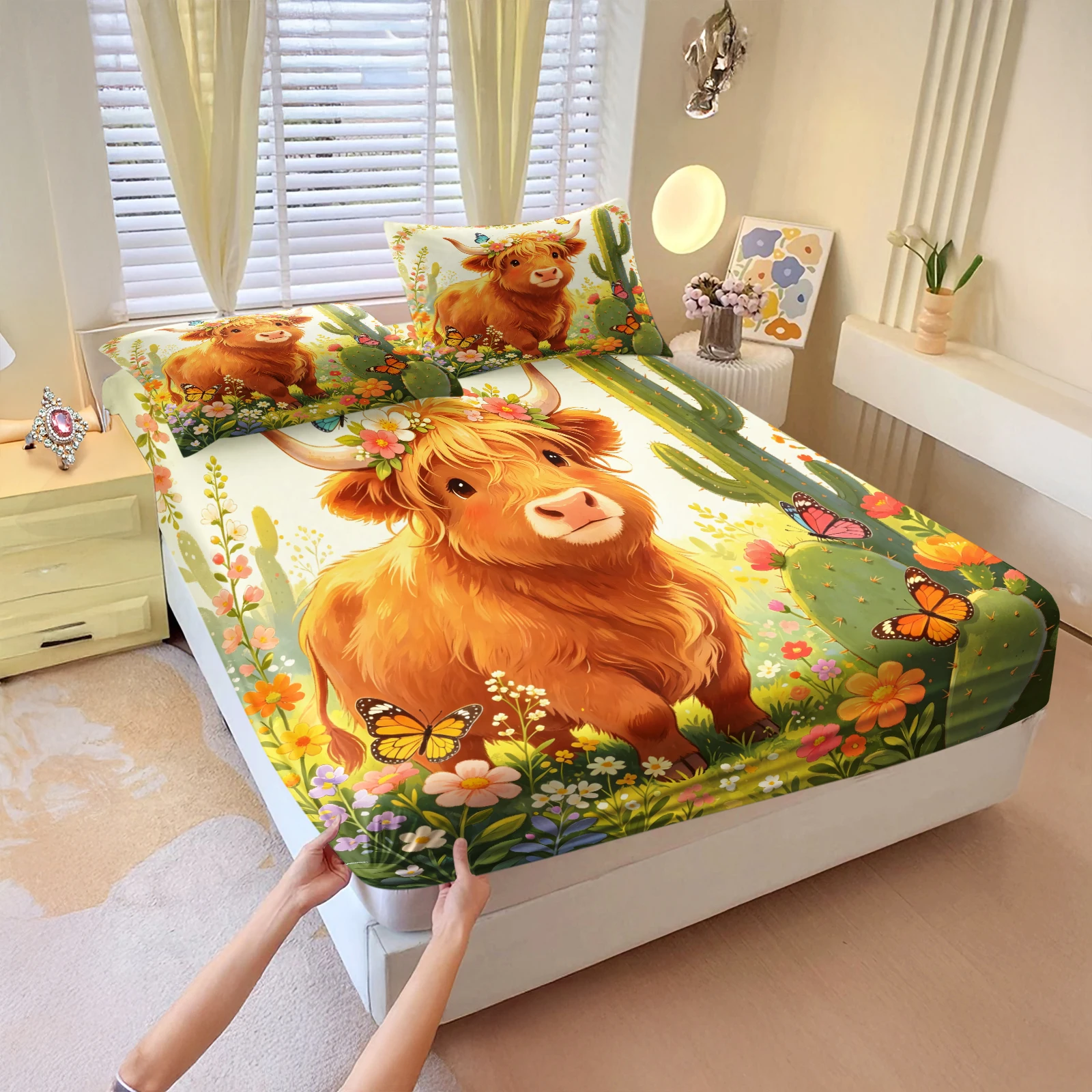 Cartoon Highland Cow Floral Cactus Fitted Bed Sheet Set Stretch Deep Pocket Elastic Mattress Protector Soft Washable Bedding Set