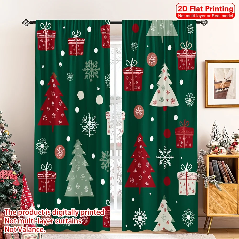 Xmas Tree Gift Snowflake Curtain 2 Panels, Red Green Xmas Tree Gift Box Snowflake Print Dark Green Background Holiday Curtain