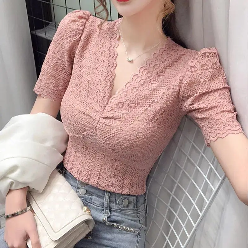 Hollow Out Lace Slim T Shirts Summer New Short Sleeve V Neck Thin Solid Color Sexy All-match Tops Elegant Fashion Women Clothing