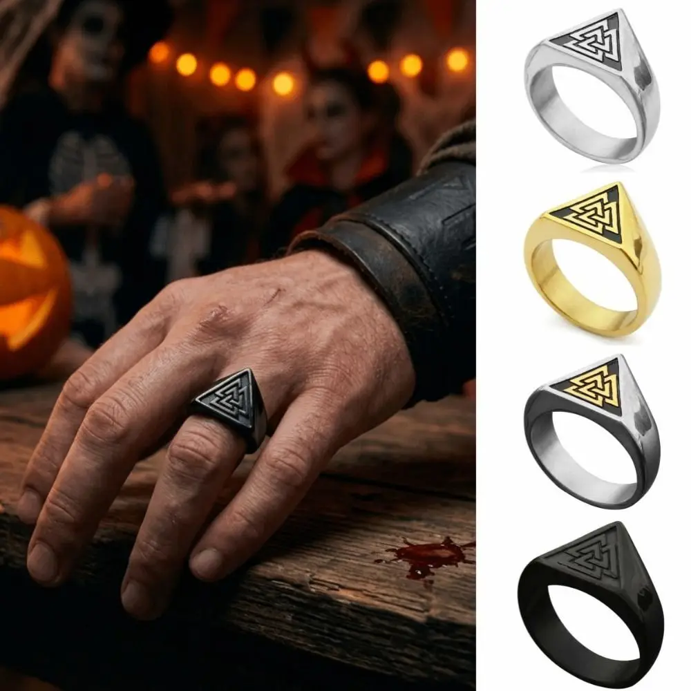 Vintage Nordic Viking Ring Titanium Steel Minimalist Triangle Symbol Signet Ring Retro Decors Rune Protector Amulet Ring