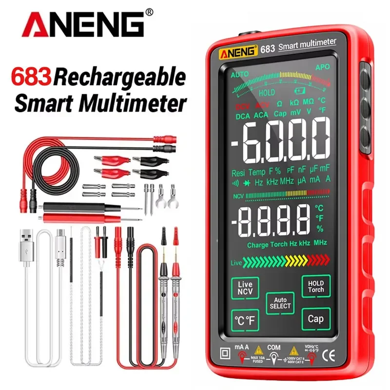 aneng-683-スマートマルチメーター。高機能タッチスクリーン、6000カウント表示、充電式、ac-dc電圧テスター、電流測定ツール。