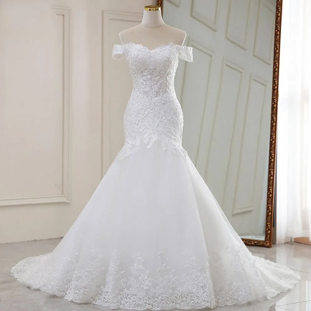 

Elegant Mermaid White Women Wedding Dresses Appliques Sequins Bridal Gowns Court Train Formal Vestido De Noiva robe de mariée