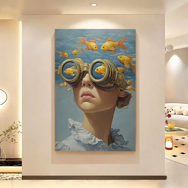 Woman Wear Vintage Goggles Poster Prints Abstract Goldfish Canvas Painting Wall Art Picture for Living Room Home Decor Cuadros