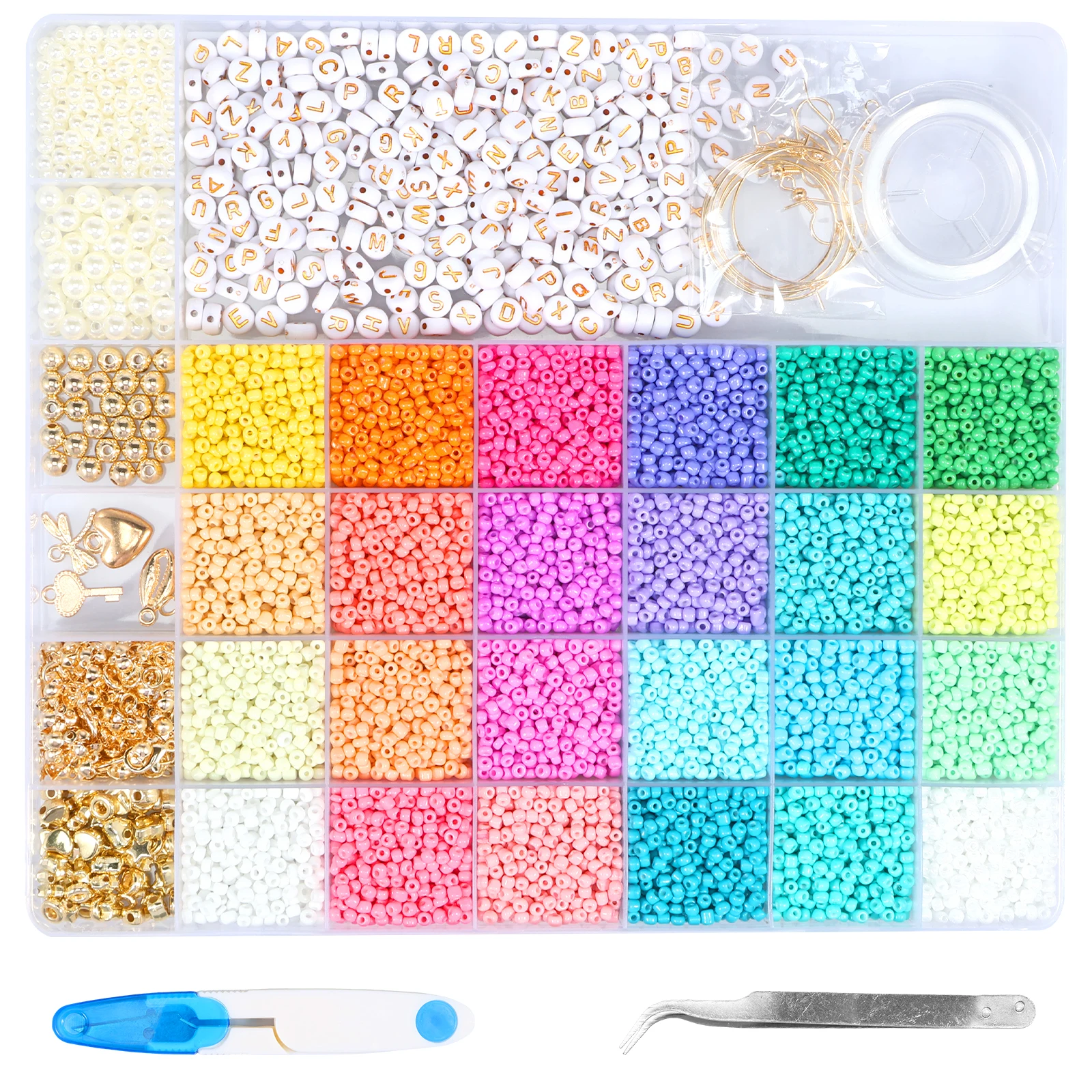 

12758Pcs Glass Beads for Jewelry Making Kit 24 Color 3mm Small Glass Beads with Elastic Rope Letter Beads Pendants DIY Beads