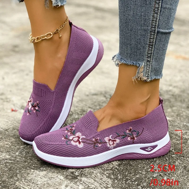Spring and Autumn New Women Sports Shoes Fashionable Non-Slip Wear-Resistant Casual Single Shoes Embroidery Air Mesh Flat Heels