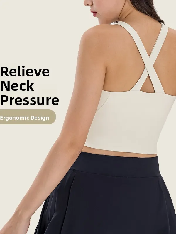 

Cross-Ba Sports Bra Top Women's Slim Fit Yoga Fitn Tank Top Breathable Nylon No-Sve Abdomen-Length Gym Workout Vest
