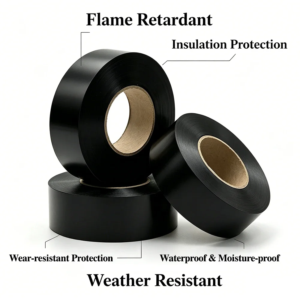 Black PVC Tape 25m/35m Flame Retardant High Adhesion Insulating Tape For Automotive Electronic Multipurpose Wire Insulation Use
