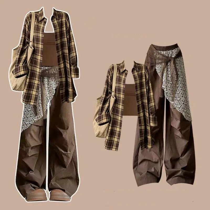 Women Spring Autumn Plaid Shirts Sling Lace Pants Three Piece Set Lady Loose Blouse Tops Wide Leg Trousers Outfits Fashion Suits