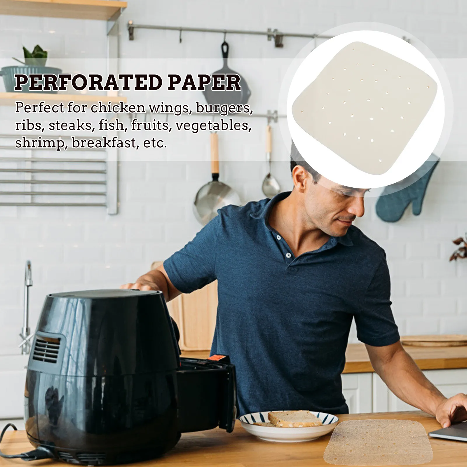 100Pcs Air Fryer Paper Liners Premium Wood Pulp Perforated Baking Liners Non Stick Steamer Basket Mats for Chicken Wings Burgers