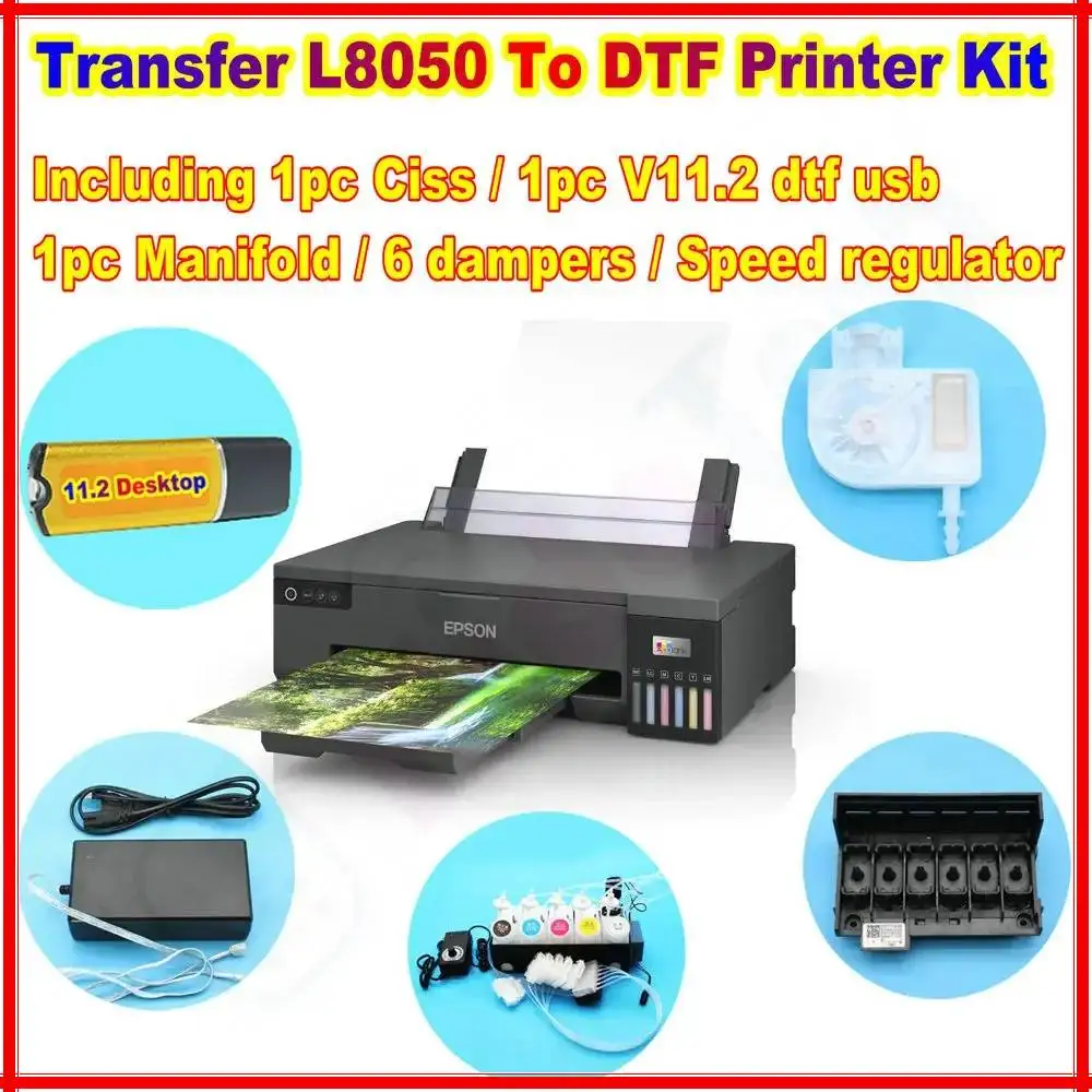 

DTF Printer L8050 L18050 Modification Kits Full Set To DTF Printer Includ DTF Software Dongle Ciss System Manifold Damper Speed