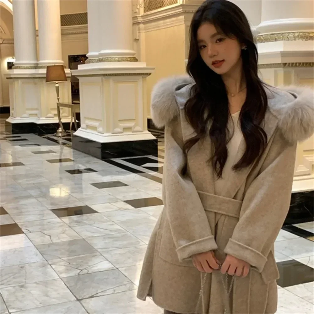 Weißer Pelzmantel mit Kapuze für Damen und Gürtel, Herbst-Winter-Wollmäntel, doppelseitige Wolljacke, modische, lockere Kaschmirjacken