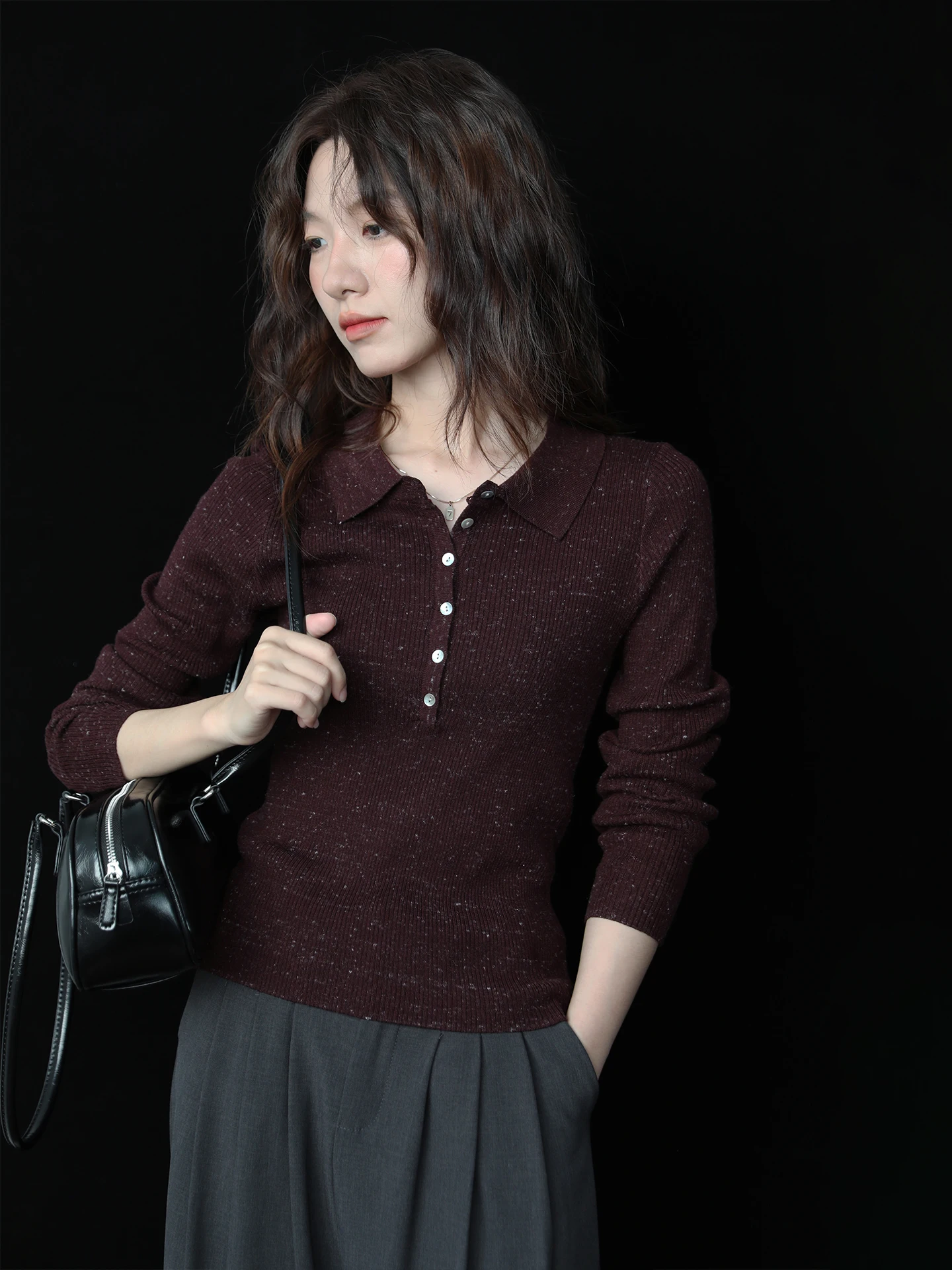 

Мягкий винно-красный вязаный пуловер с длинными рукавами, модный базовый слой, верхняя одежда, повседневный облегающий женский топ