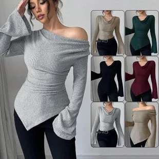Women's Blouse Longsleeve Solid Color Long Sleeve Blouse Ribbed Cowl Neck Knit Top Bell Asymmetrical Hem Off Shoulder Top