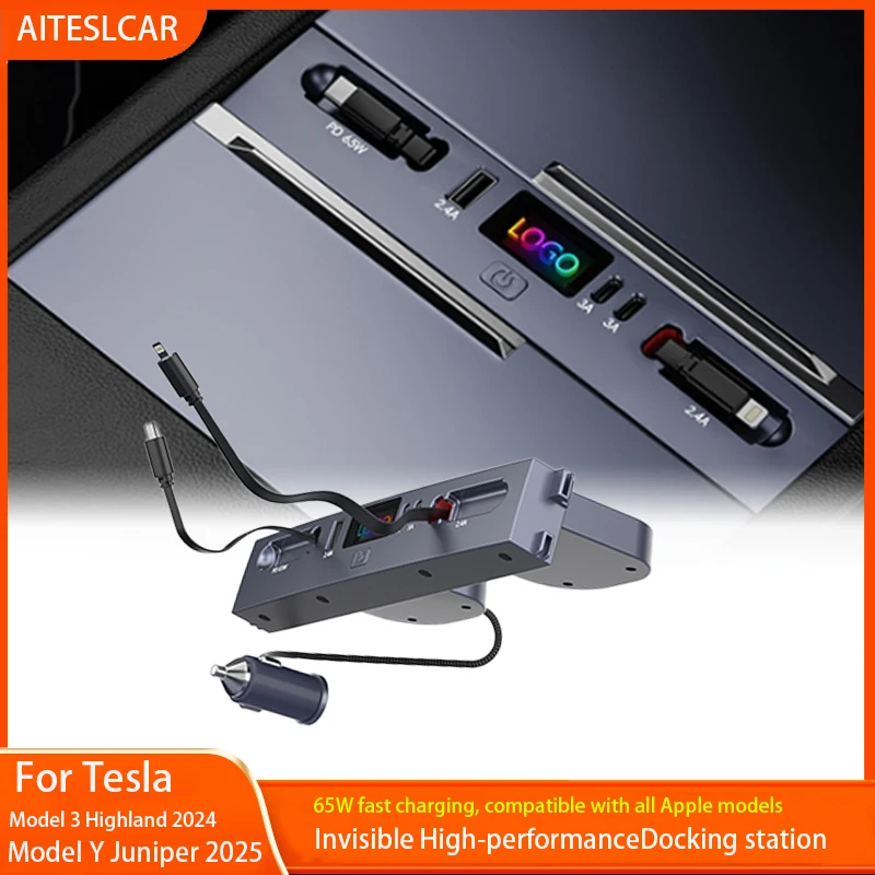 

Для Tesla Model Y Juniper 2025 Model 3 Highland 65 Вт Быстрое зарядное устройство USB-шунтирующий концентратор Интеллектуальная док-станция Автомобильный адаптер питания