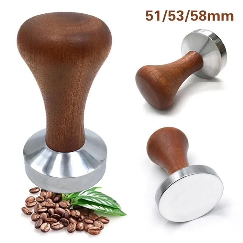 Espresso Coffee Tamper 51mm/53mm/58mm Aluminum Coffee Distributor Leveler Tool Coffe Bean Press Hammer with Wooden Handle