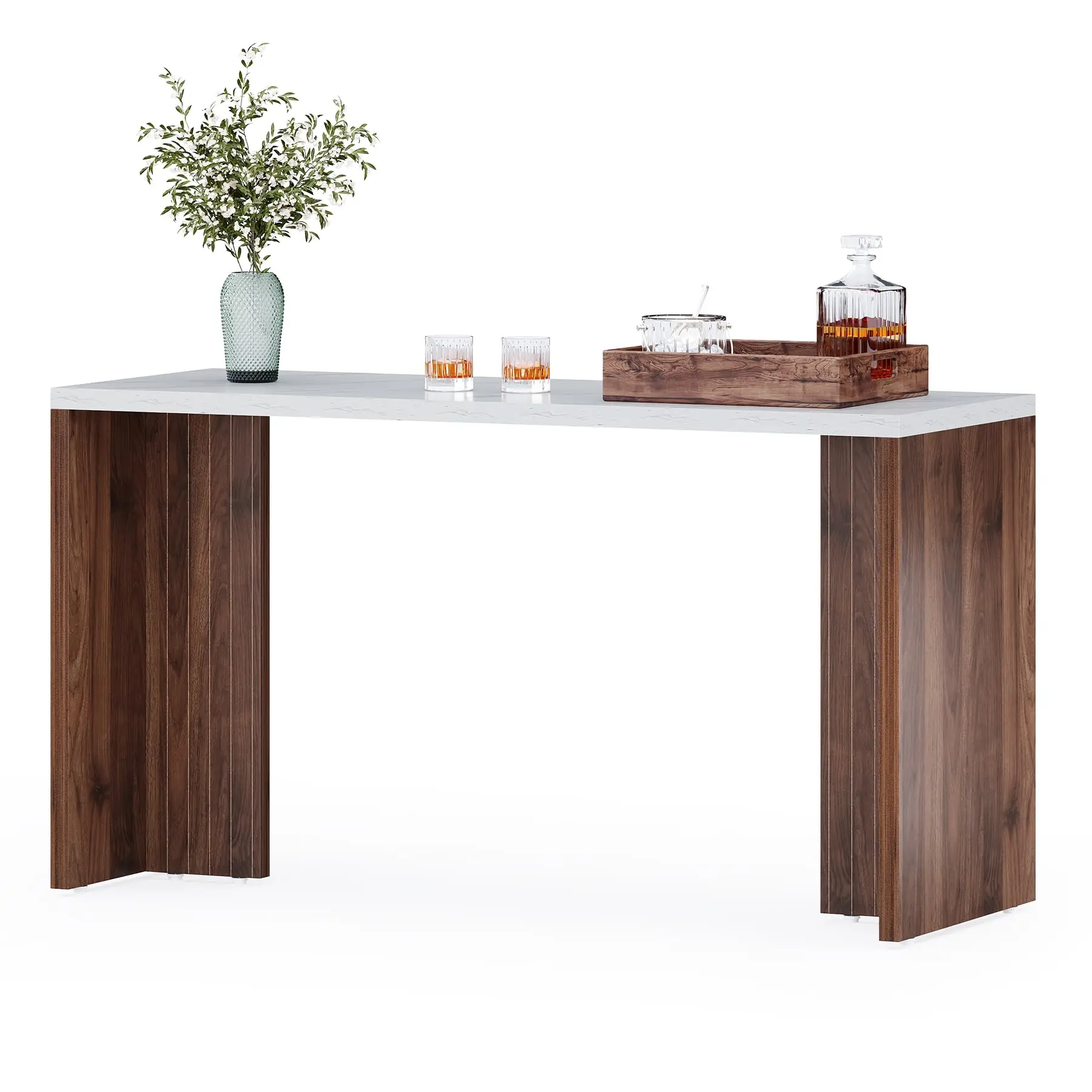 

Home Bar Table 55 Inch Counter Height Pub Table Faux Marble Top Walnut Frame Narrow Rectangular Indoor Bar Unit