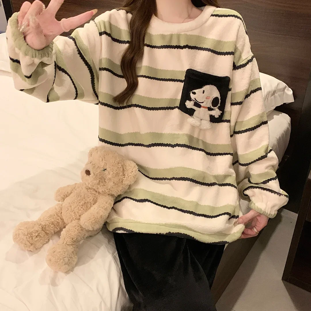 Snoopy Pyjama Dames Herfst En Winter Nieuwe Verdikte Flanel Lange Mouw Leuke Y2K Cartoon Warme Thuis Kleding Set Nachtkleding