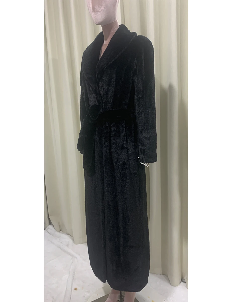 Lautaro Autumn Winter Extra Long Luxury Thick Warm Soft Black Fluffy Faux Rex Rabbit Fur Coat Women Shawl Collar Furry Overcoat
