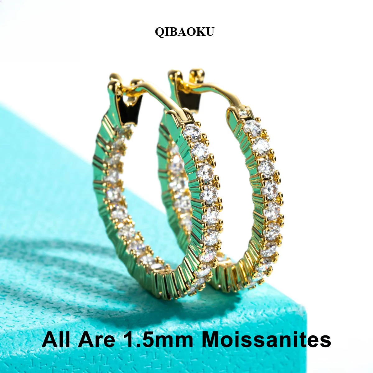 QIBAOKU 1.5mm 0.66cttw D Color Moissanite Huggie Earrings GRA S925 Cer Yellow Gold Plated Huggie Earring For Women Jewelry 2026