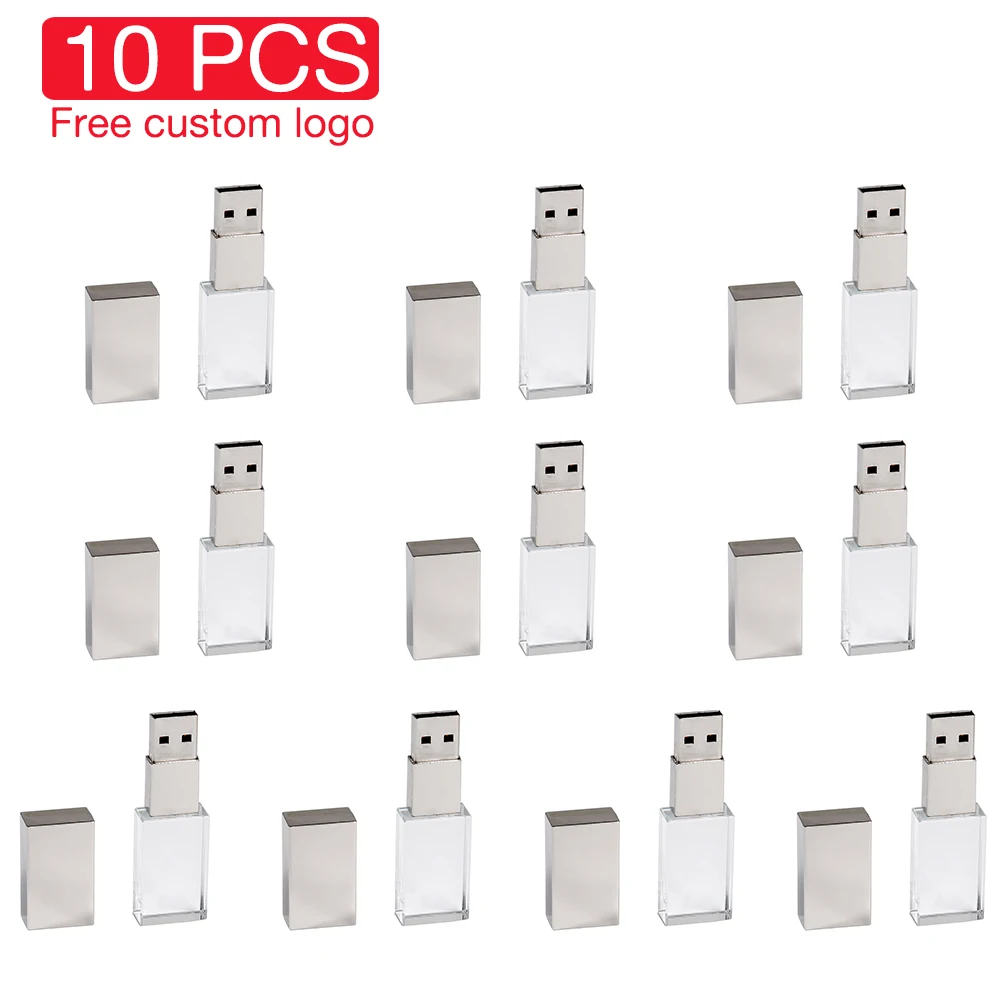 10 PCS LOT Golden Crystal USB Flash Drive 128GB Memory stick 64GB 3D Laser Engraving Pen drive U disk Wedding Gifts  Free logo