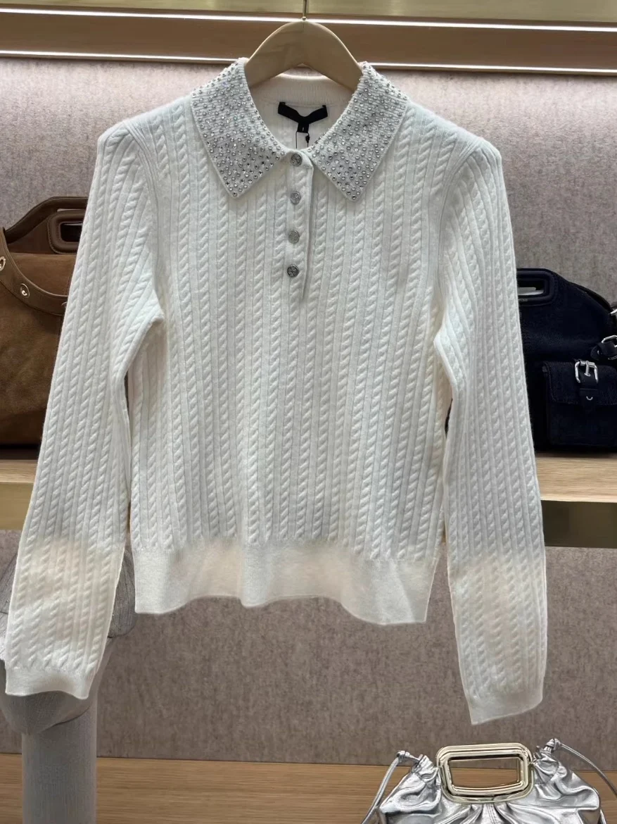 

Тяжелый вязаный свитер Embellied Long Sve с заклепками и водяным ромбовидным дизайном, осень-зима, повседневный женский свитер...