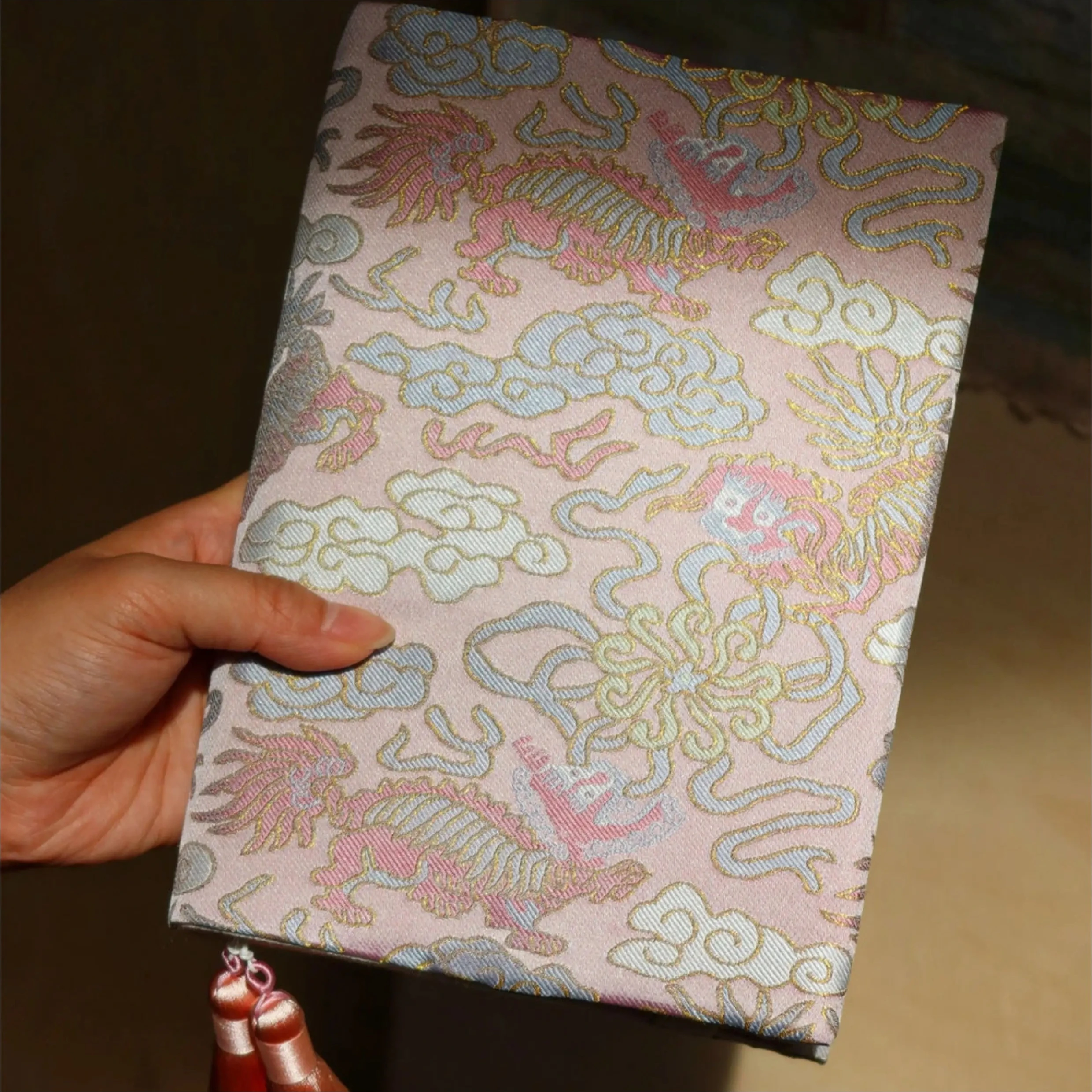Pink & Blue Elegant Charm Pattern Pure Mulberry Silk Song Brocade Handcrafted Cloth Book Cover, A5A6 Home Collectible Craft Gift