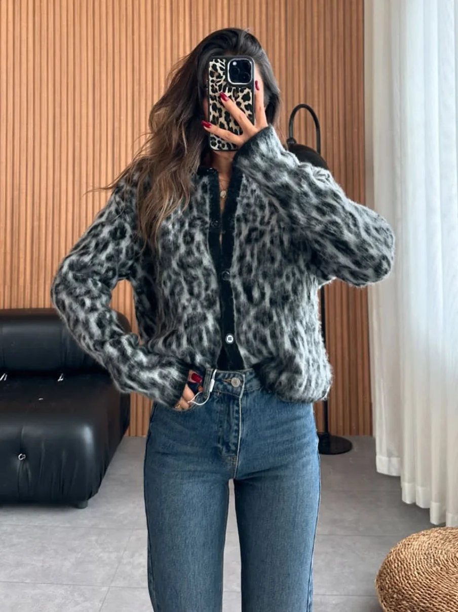 Fashion Leopard Print Mohair Slim Knit Cardigan Woman Chic O Neck Single Breasted Long Sleeve Sweater Lady High Street Knitwears