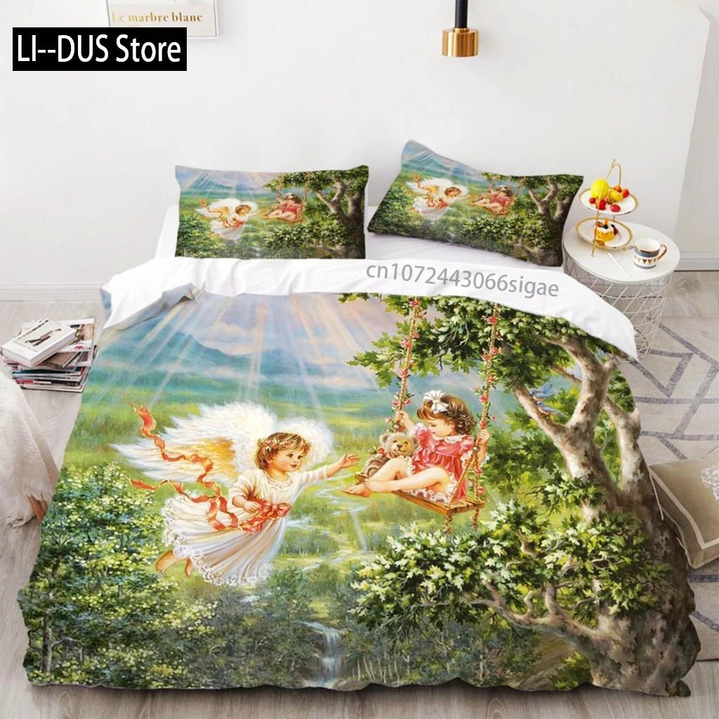 الملاك النفط اللوحة طقم سرير الأوروبي الرجعية النفط اللوحة الفنية غطاء لحاف غطاء لحاف للنساء الاطفال غرفة نوم الزينة