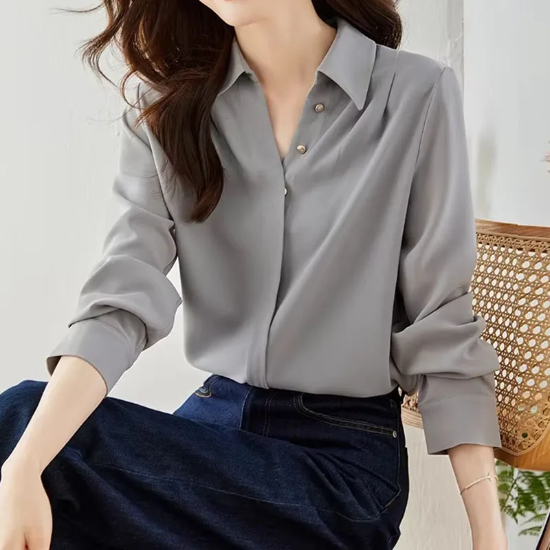 Autumn Fashion New Office Lady Long Sleeve V-Neck Women Shrit Button Grey Chiffon Shirt Blouse Women Tops Camisas De Mujer C03