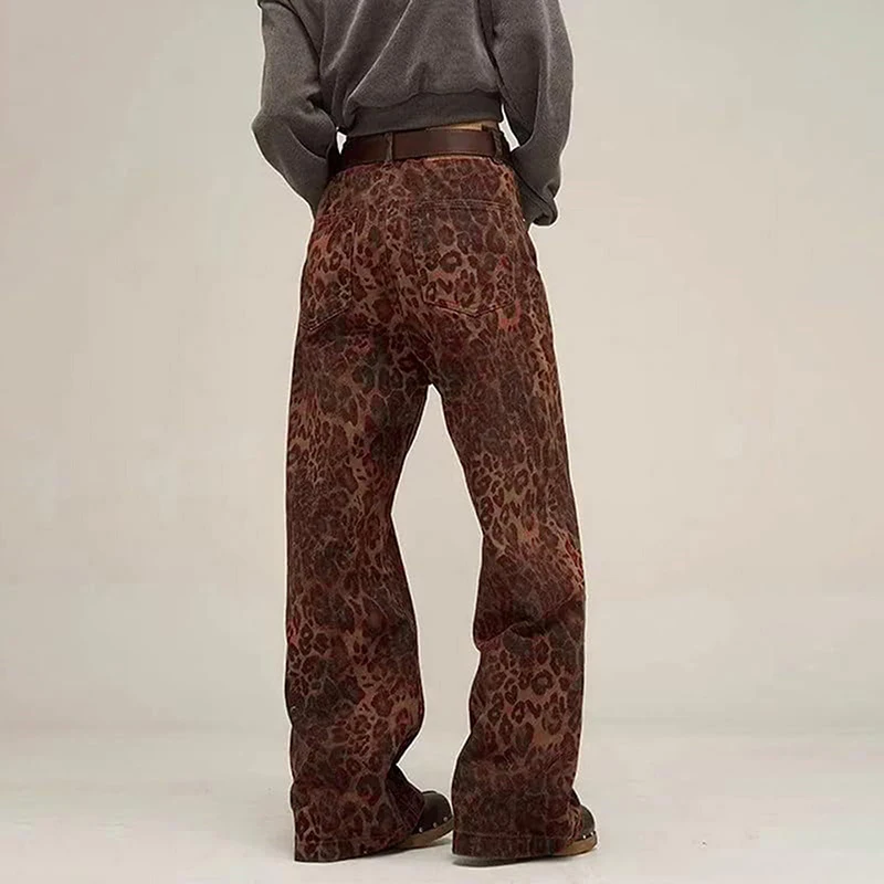 Pantalones vaqueros Retro con estampado de leopardo para mujer y hombre, Vaqueros holgados de pierna ancha, ropa de calle