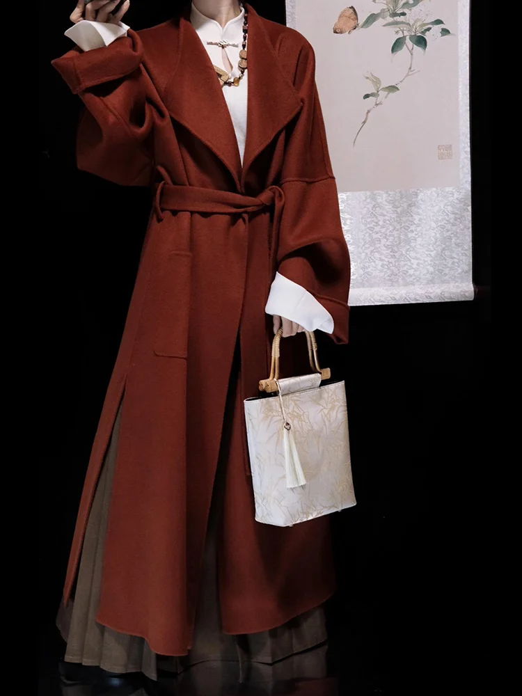 

Стильное красное шерстяное пальто: Элегантная женская одежда для зимы, модный однотонный вариант больших размеров для повседневной носки