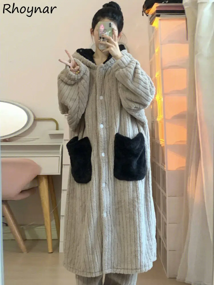 

Hooded Nightgowns Women Cozy Thicken Winter Sleepwear Baggy Kawaii Clothes Sweet Personal Home Big Pockets Panelled Designer Ins