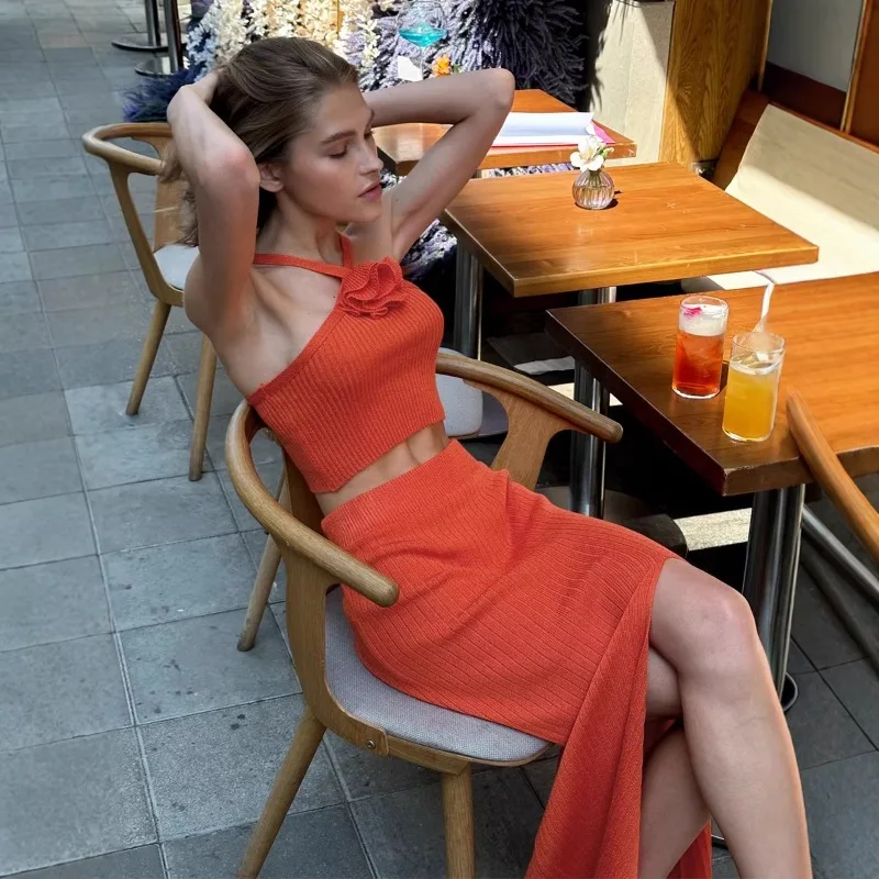 

Tuularose Summer Knitted Skirts 2-Piece Set Women's Sexy Floral Camisole Slit Skirts Sets Casual Party Vacation Female Dress Set