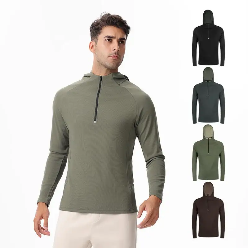 Autumn Winter Men's Sports Quarter Zip Hoodies Long Sleeve Soft Thin Fit Sweatshirt with Hood Cap Training Workout Gym Clothes