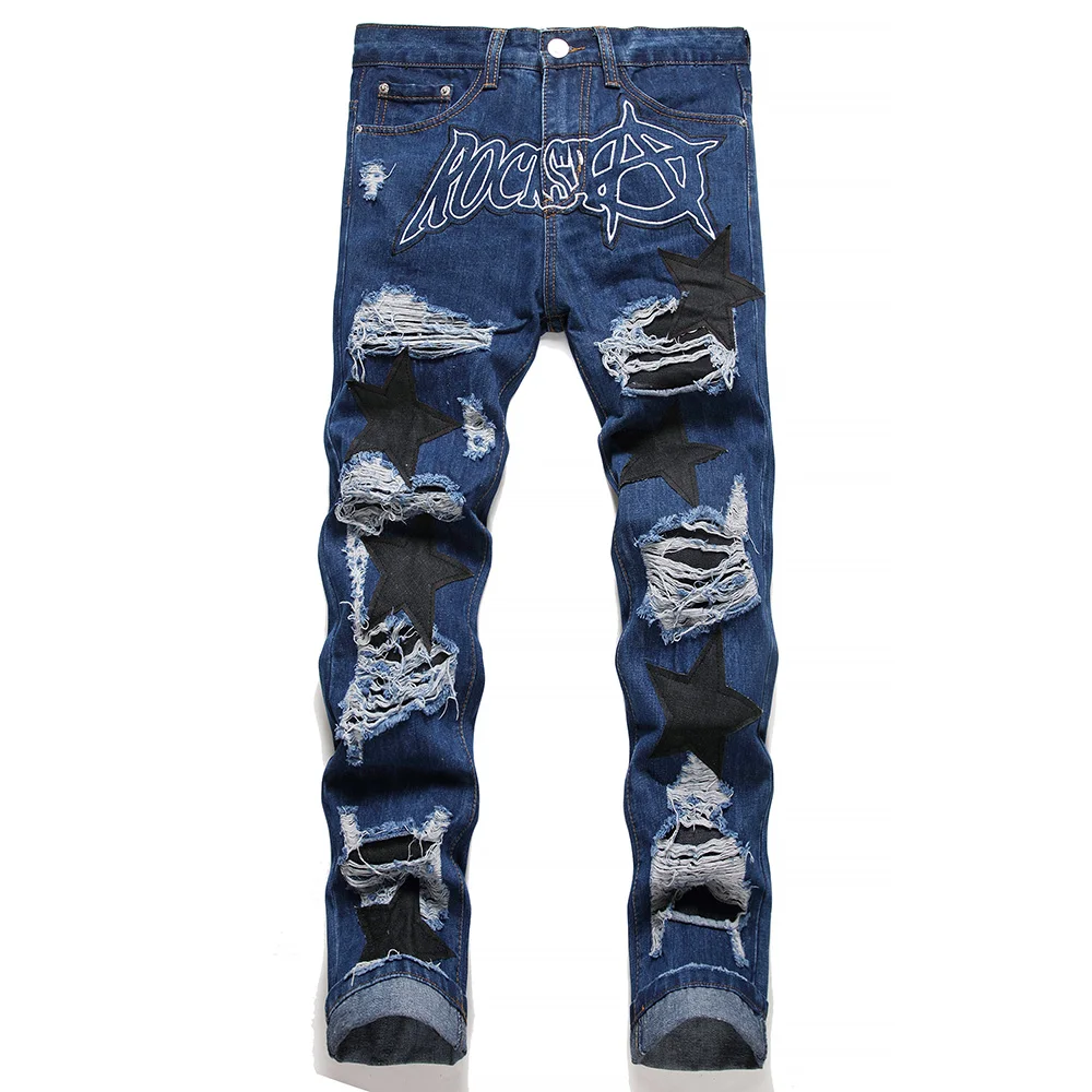 Men Stars Patches Denim Jeans Letters Embroidery Holes Ripped Distressed Pants Loose Straight Trousers Blue Black