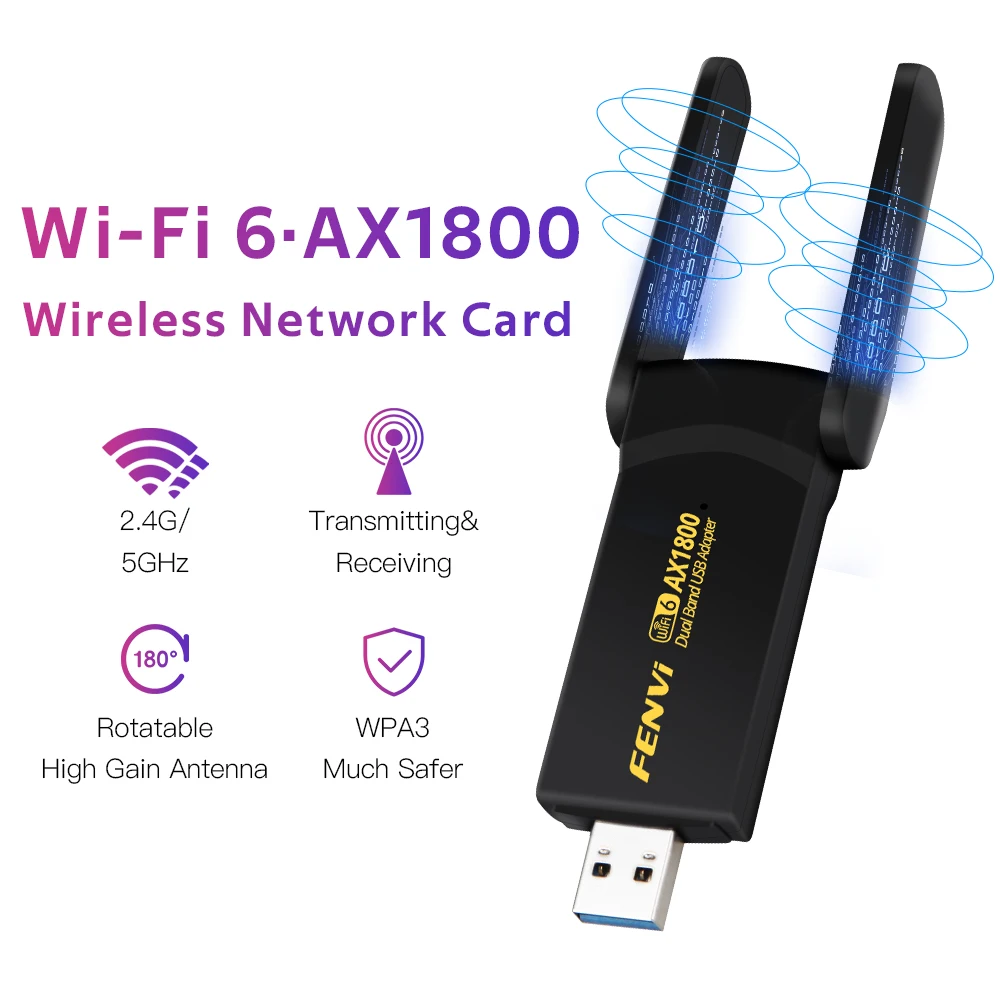 AX1800 Free Drive WiFi 6 Adapter 2.4G 5G Dual Band 1800Mbps Wireless Dongle 802.11ax USB3.0 Gaming Network Card WPA3 MU-MIMO