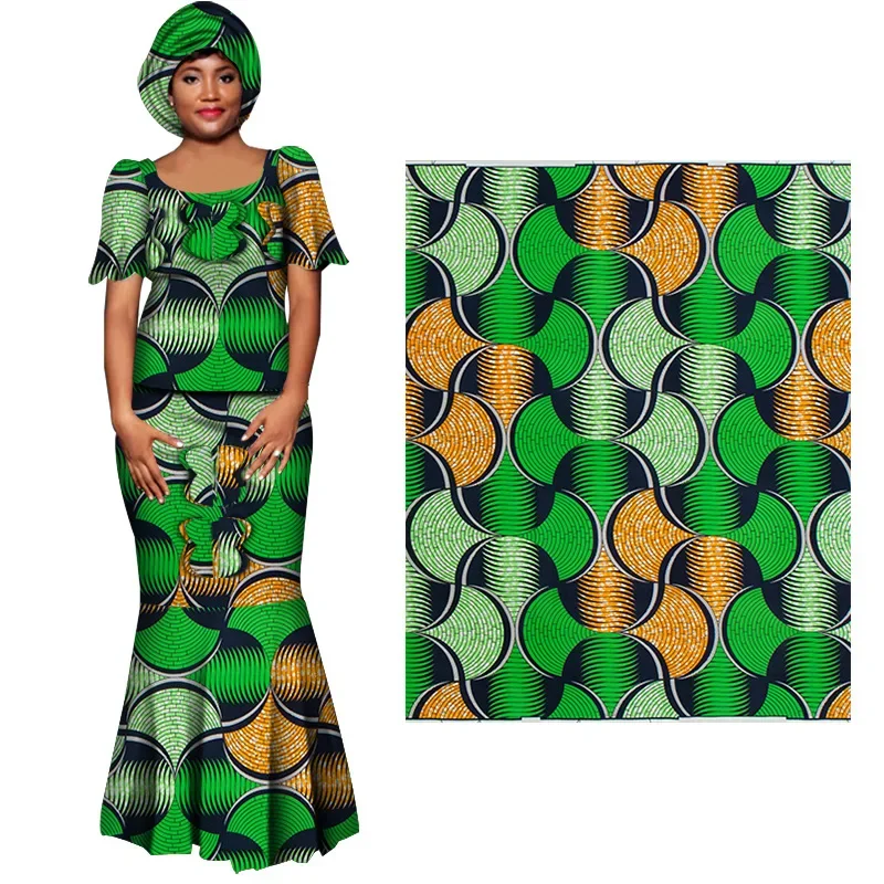 6 Yards/lot African Fabric Printed Green Polyester Material for Handwoking Sewing Women Dress Cloth Earring Dresses