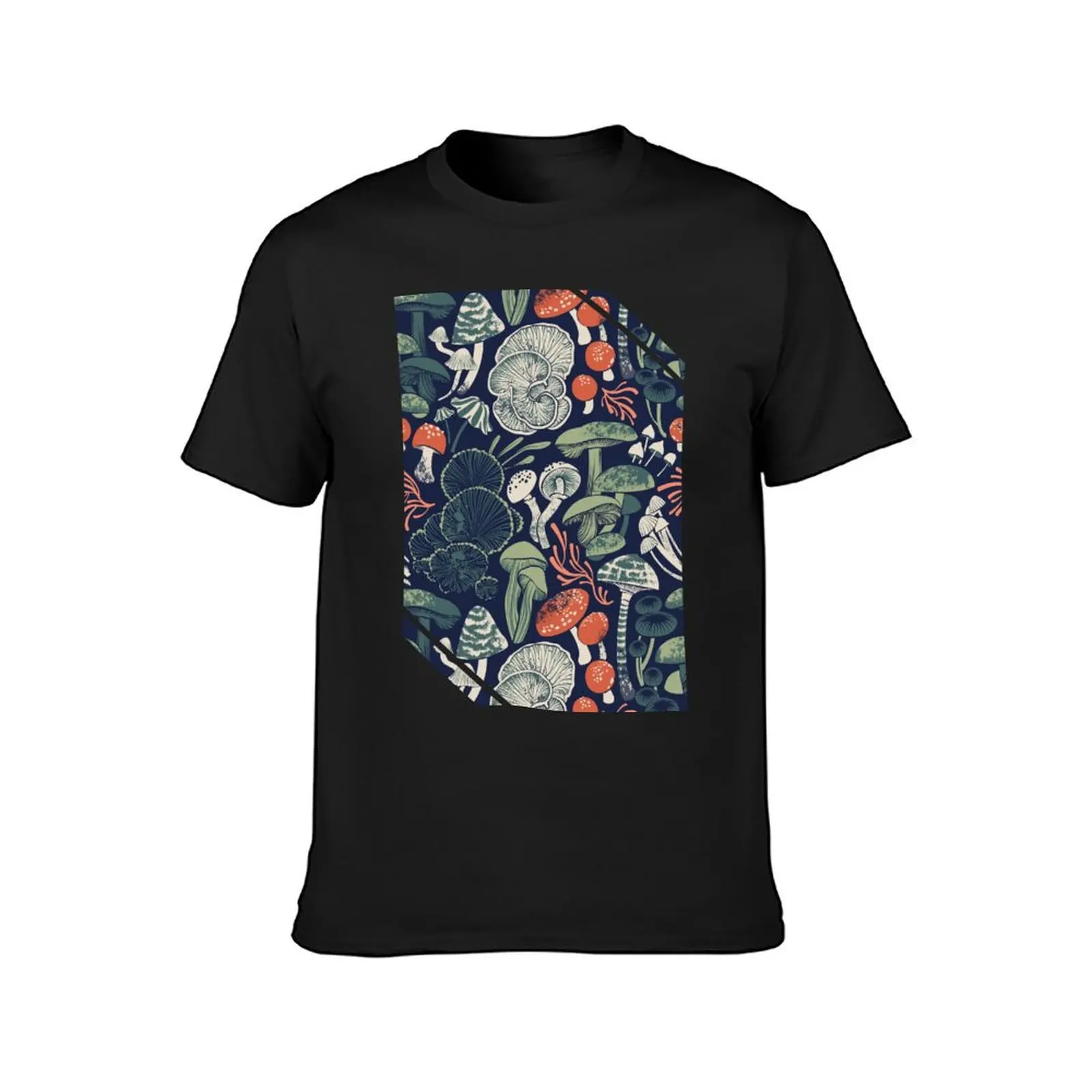 Mystical fungi // midnight blue background sage and forest green orange wild mushrooms T-Shirt