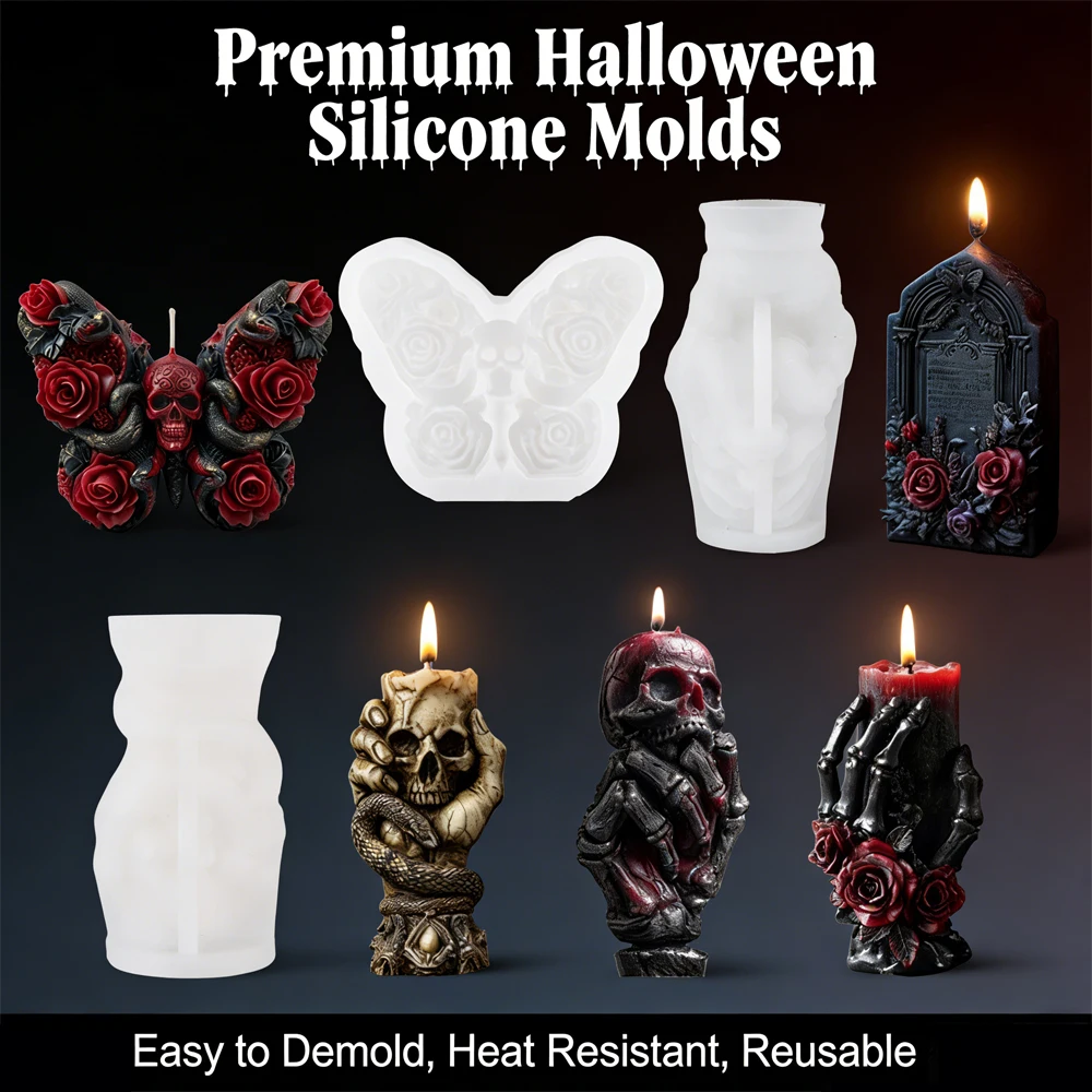 

10 Types Halloween Gothic Silicone Molds- Skull/Rose/Butterfly/Tombstone Candle Resin Molds for Horror Theme DIY Crafts Decor
